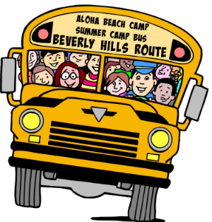 Image of Aloha Beach Camp's Beverly Hills summer camp bus filled with happy campers on its way to beach camp.