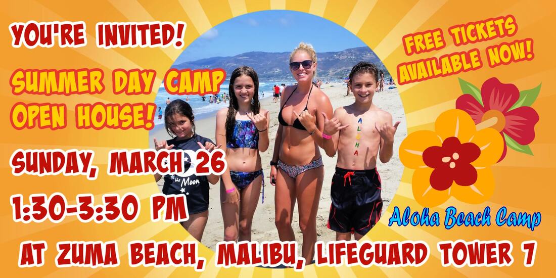 Aloha Beach Camp counselor and kids on the beach at Aloha Beach Camp in Malibu promoting the camp's upcoming March 26, 2023 summer open house at Zuma Beach, Malibu, where Aloha Beach Camp for Santa Monica kids takes place all summer.