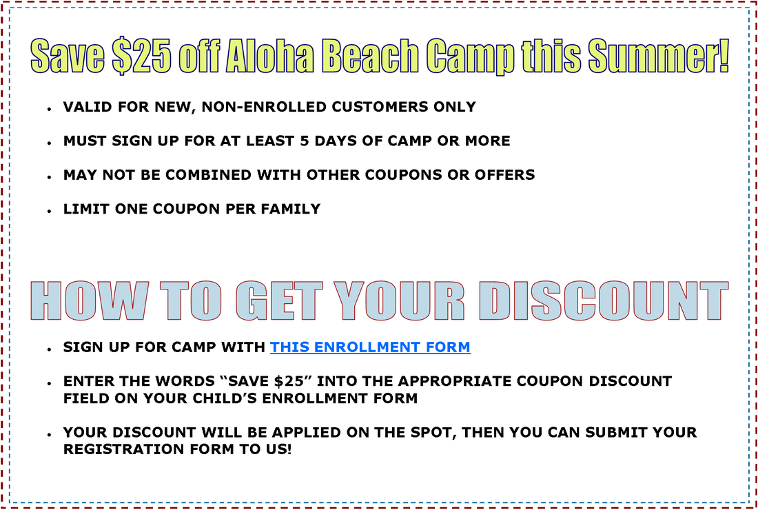 $25 internet coupon for Aloha Beach Camp summer day camp in Los Angeles, CA.