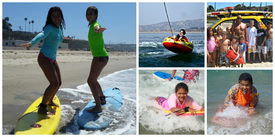 Collage of all the fun activities campers can enjoy at Aloha Beach Camp from tubing to surfing to jet skiing and more.