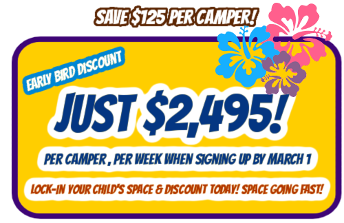 Image highlighting Aloha Beach Camp's 2024 Hawaii summer program's early bird discount which expires March 1, 2024