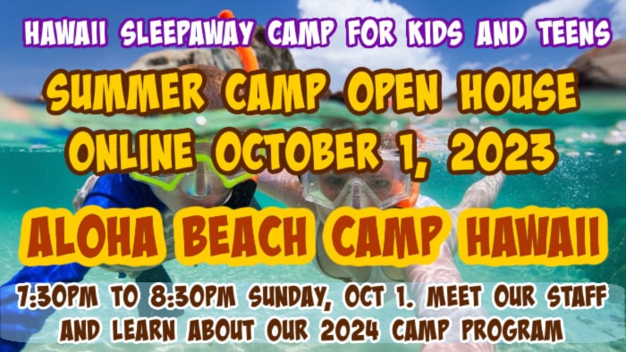 Picture of two 11 year old female campers giving the hang loose sign advertising Aloha Beach Camp's March 31 Hawaii summer camp open house