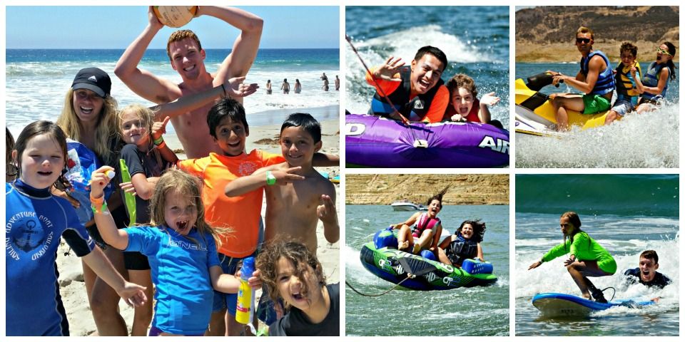 Summer camp photo collage of five different pictures showing all the fun activities Agoura Hills kids and teens can do at summer camp this year including jet skiing, surfing, tubing, beach games and more.
