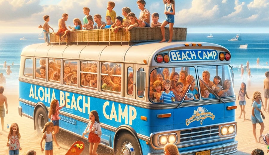 Lots of campers standing against their Aloha Beach Camp summer camp bus, while others are inside the bus with their heads out the window all posing together for a group transportation photo.
