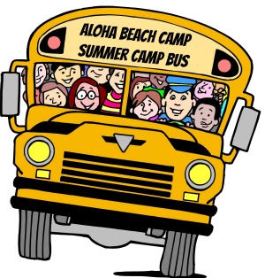 Cartoon graphic of an Aloha Beach Camp summer camp bus packed with kids heading off for a fun day of summer camp.