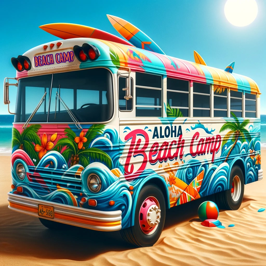 Colorful Aloha Beach Camp summer camp bus on the sand