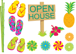 Aloha Beach Camp open house graphic with tropical images sprinkled over it including pineapples, hibiscus flowers, beach flip flop shoes, kiwi and more.