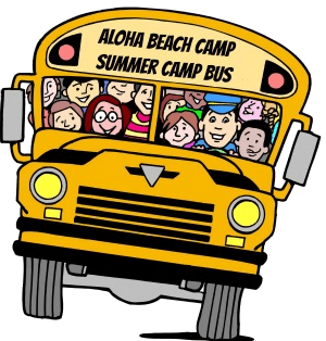 Cartoon graphic of Aloha Beach Camp's summer camp bus filled with happy campers getting excited for another fun day of camp at the beach.