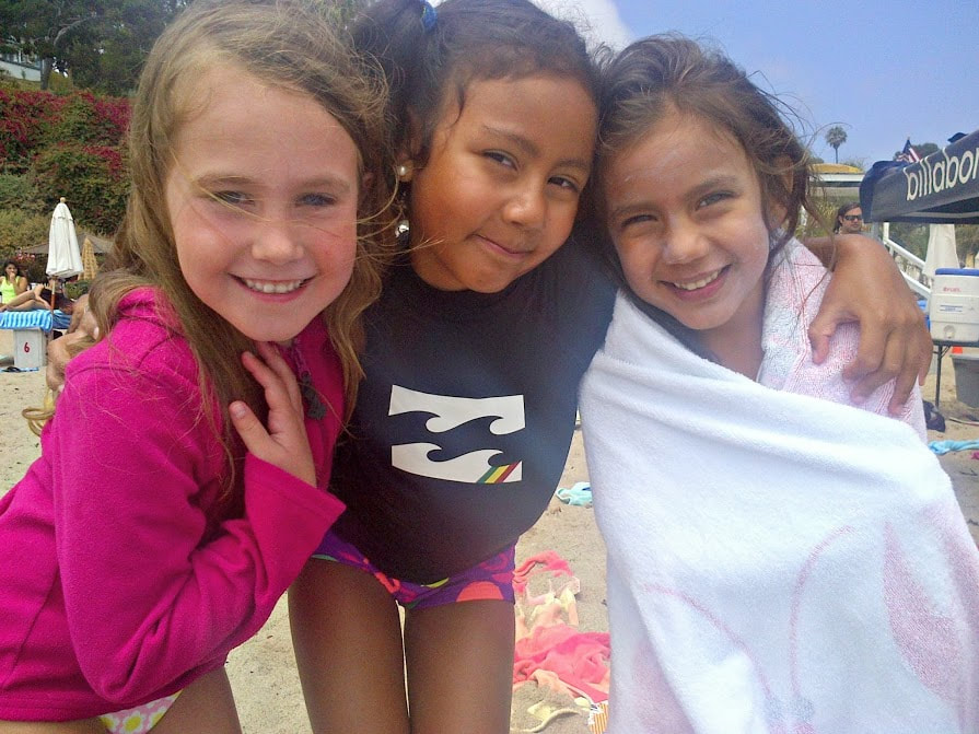 Three Keiki Camp girls having fun at Aloha Beach Camp at Paradise Cove, Malibu
