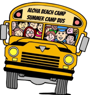 Hand-drawn graphic of Aloha Beach Camp's Calabasas Summer Camp Bus filled with campers, counselors and the bus driver.