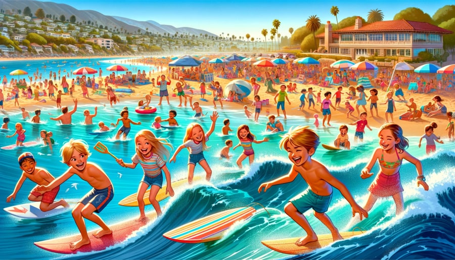 Children enjoying summer activities at Aloha Beach Camp in Malibu, with surfing and boogie boarding in the ocean and beach games on the sand.