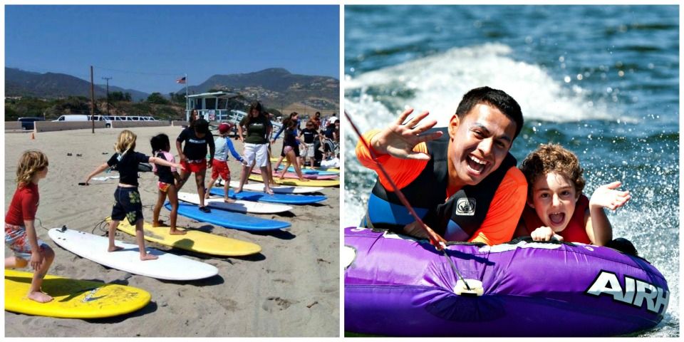 Two part split image. The photo on the left is of a dozen campers on surfboards having their surfing lesson on the sand; the photo on the right is of a counselor and camper tubing at Aloha Beach Camp