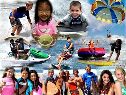 Collage photo of all the various activites kids can do at Aloha Beach Camp including beach games, tubing, wakeboarding, surfing, boogie boarding, making friends and so much more.