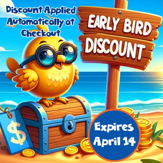 Early bird discount graphic to save money at Aloha Beach Camp