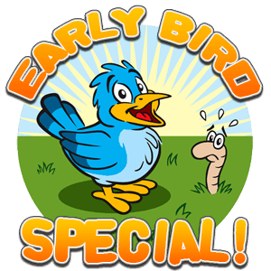 Early bird discount graphic to save money at Aloha Beach Camp.