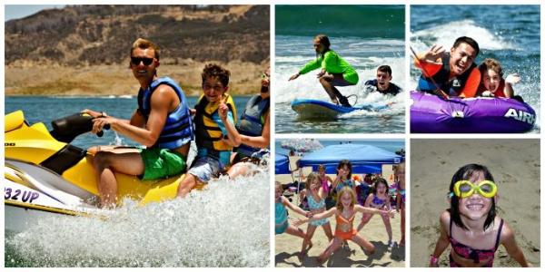 5 picture collage of many different kids and camp activities including surfing, sand games, tubing and jet skiing at Aloha Beach Camp.