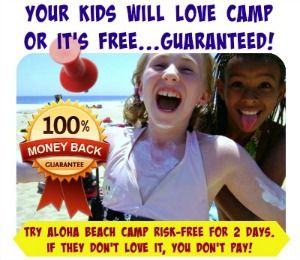 Two female campers, each 11 years old, with loads of sunscreen all over their bodies and sticking their tongues out while promoting Aloha Beach Camp's 100% money-back  guarantee for the 2020 summer camp season.