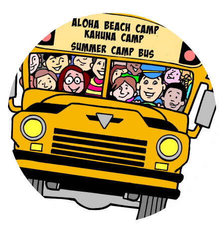Cartoon graphic of Aloha Beach Camp's Kahuna Camp summer camp bus filled with happy campers and camp staff on the way to beach camp.