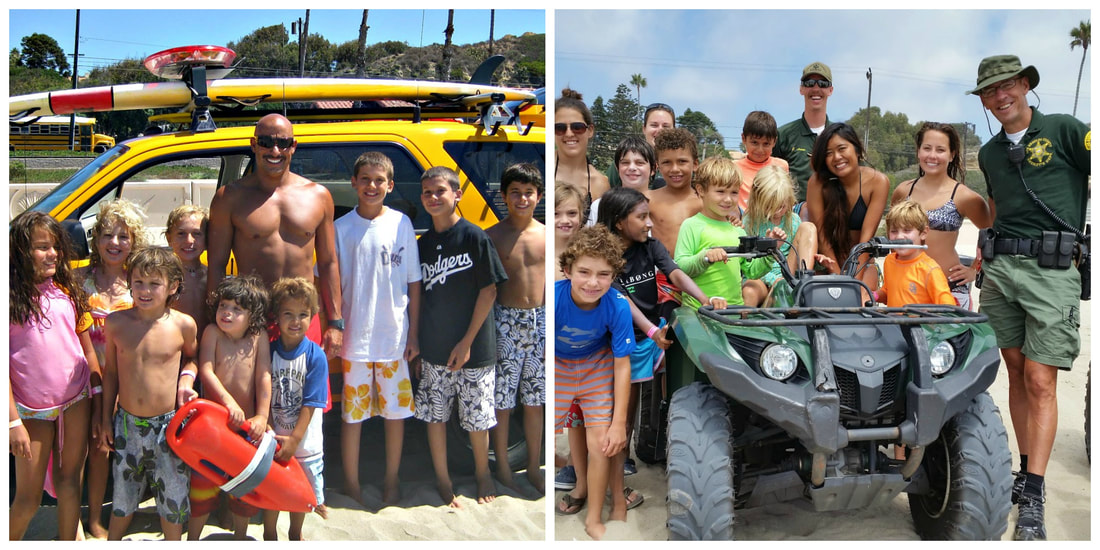 Split screen picture of Aloha Beach Camp kids on Zuma Beach posing for a group photo with the Zuma Beach Lifeguards and L.A. County Sheriffs. 