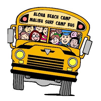 Cartoon of Aloha Beach Camp's Malibu surf camp bus filled with campers and staff.
