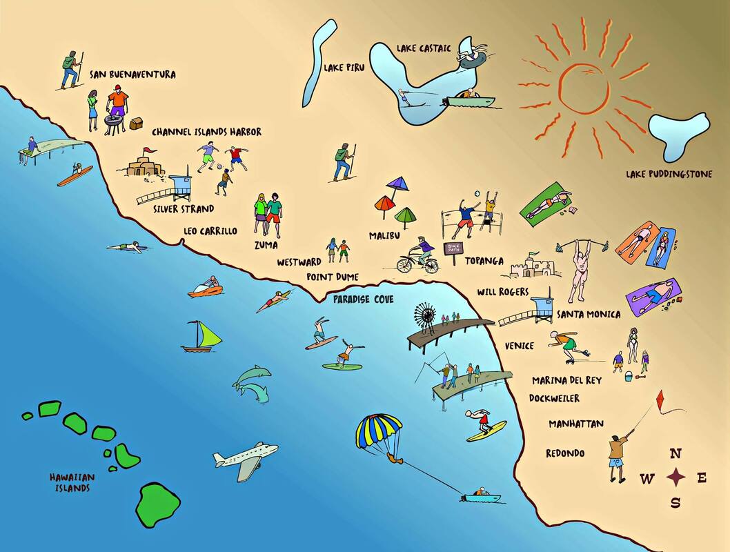 Aloha Beach Camp southern California coastline hand-drawn map.
