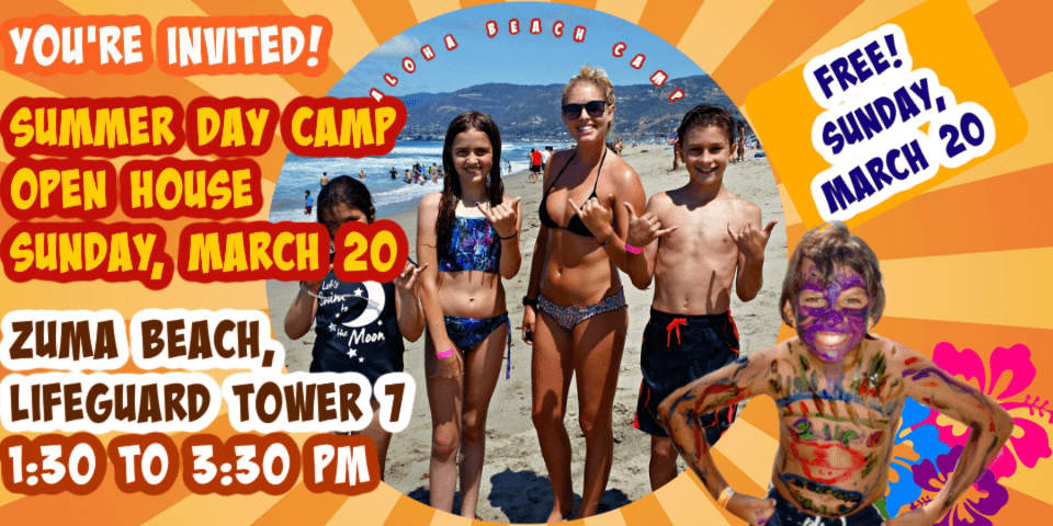Aloha Beach Camp counselor and kids on the beach at Aloha Beach Camp in Malibu promoting the camp's upcoming Sunday, March 20, 2022 summer open house. This Open House takes place at Lifeguard Tower 7 on Zuma Beach where camp takes place all summer.