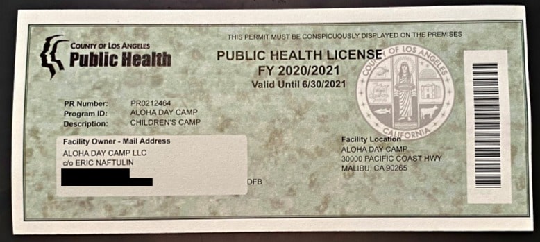 Aloha Beach Camp Publich Health license and Organized Camp Permit