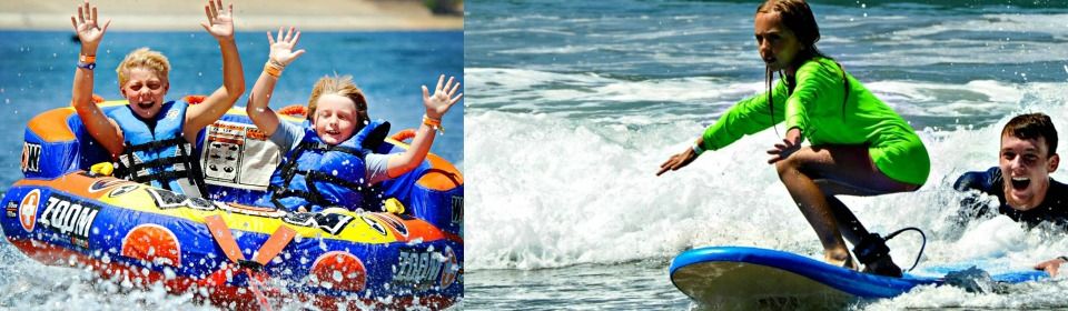Split image: Left side, two boys tubing at Castaic Lake with arms up in the air; right side, girl surfing in the ocean with help from our camp counselor who is holiding the back of the surfboard.