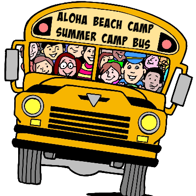 Aloha Beach Camp summer camp bus filled with happy campers and staff on the way to the beach this summer.