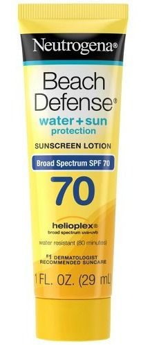 Bottle of Neutrogena Beach Defense sunscreen.