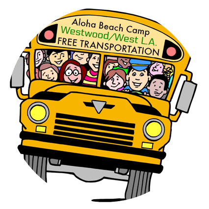 Cartoon image of Aloha Beach Camp's summer camp bus for Westwood kids.